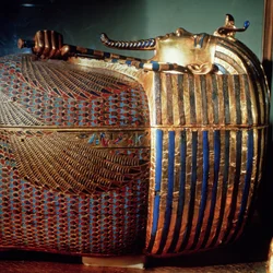 The Innermost Coffin of Tutankhamun Showing the King in Osiride Form Clasping the Crook and the Flail from the Tomb of Tutankhamun, New Kingdom (detail)